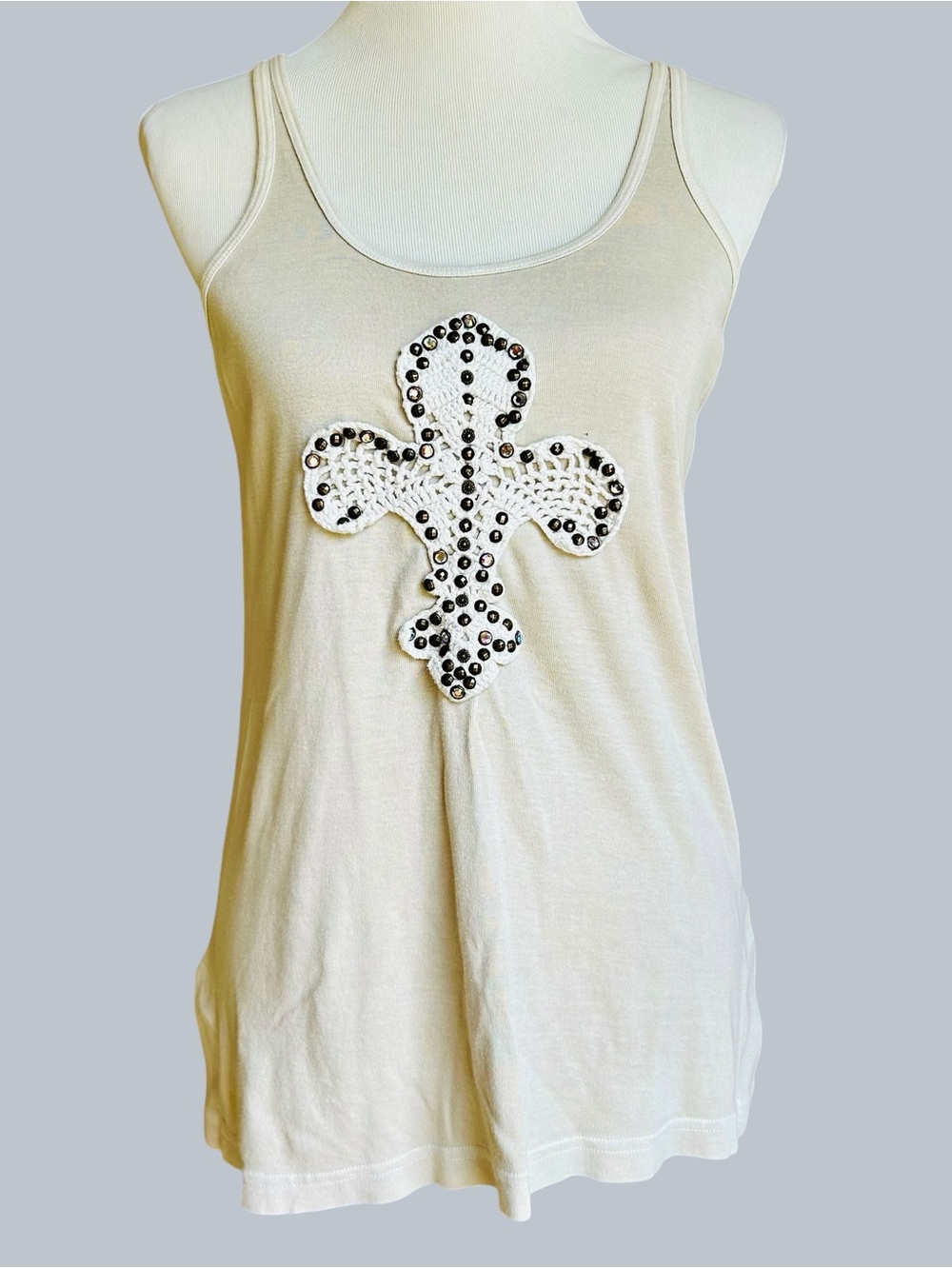 Boho Cream Cotton Tank w/ Embellished Crochet Cross Studded Rhinestone sz L